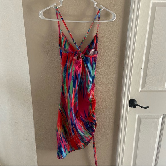 New Bright Multi Color Red Pink Blue Green Drape Bodycon Dress Ruched XS - Picture 4 of 4